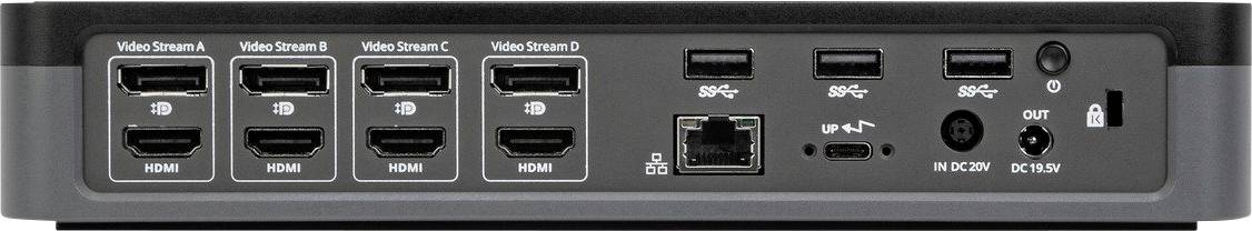 Rückseite eines Geräts mit sechs HDMI-Anschlüssen, einem Ethernet-Anschluss, USB-C-Ports und Audioausgängen, möglicherweise für Streaming oder Videoübertragung.