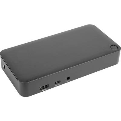 Schwarze externe Festplatte mit USB- und HDMI-Anschlüssen, liegend auf einer hellen Oberfläche.