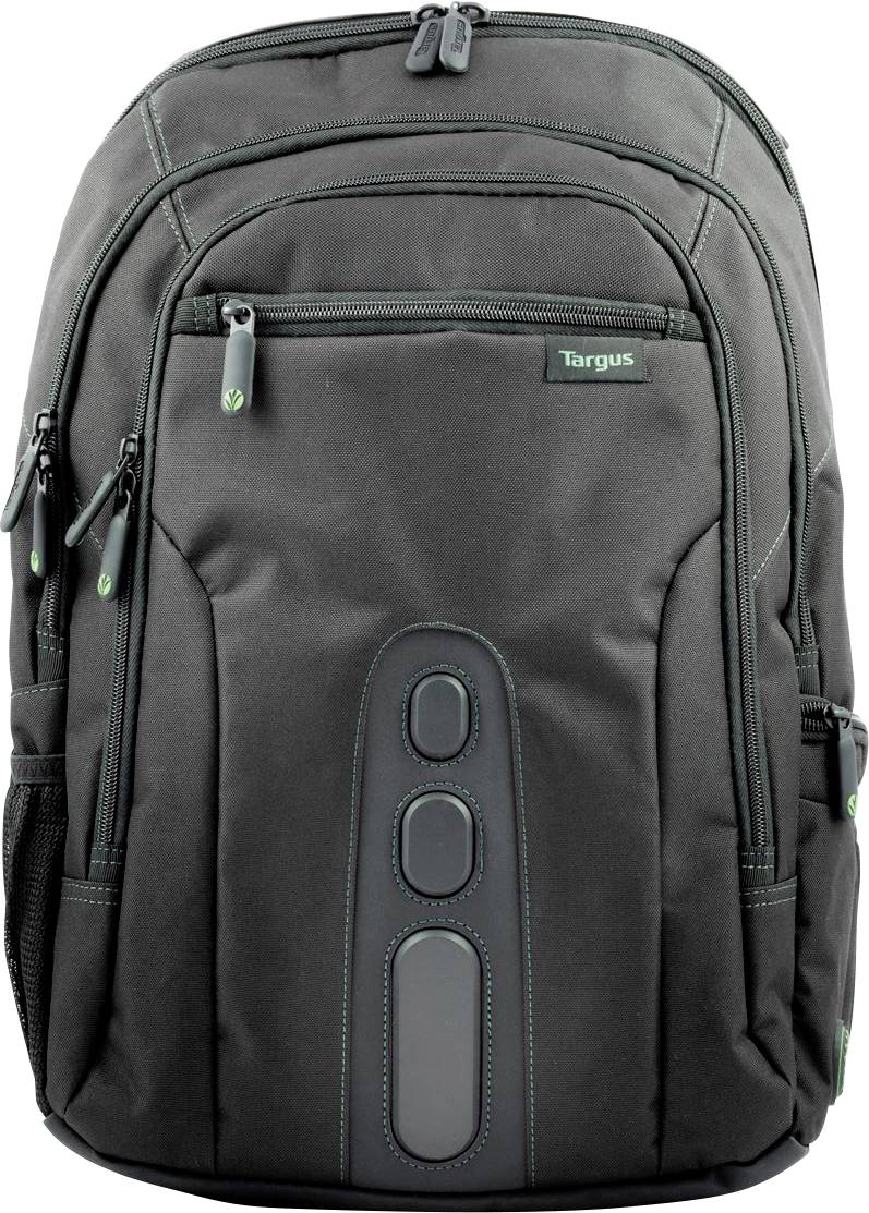 Ein schwarzer Rucksack mit mehreren Reißverschlussfächern und grünen Akzenten, geeignet für Laptops und Alltagsgegenstände.