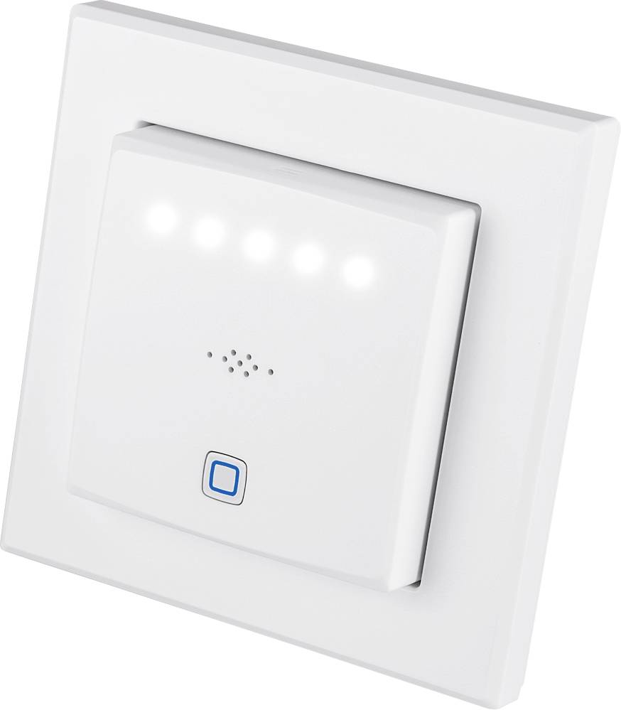 Ein weißer Lichtschalter mit fünf leuchtenden LED-Anzeigen und einem kleinen blauen Knopf darunter.