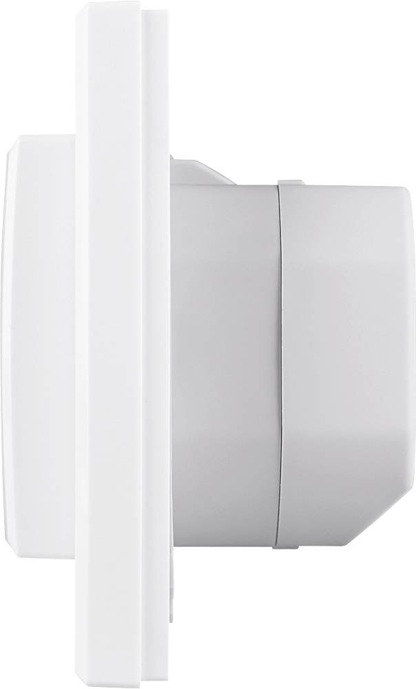 Seitenansicht eines weißen, runden Geräts, möglicherweise ein moderner Wandthermostat oder Sensor, montiert auf einer vertikalen Fläche.