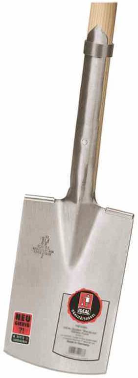 Eine Schaufel mit einem Holzgriff und einer Metallklinge, auf der mehrere Aufkleber haften.