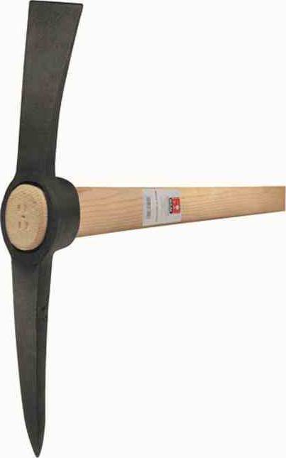Eine Spitzhacke mit Holzstiel und einem doppelten Metallkopf, der für schwere Arbeiten im Garten oder Bau geeignet ist.