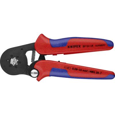 Eine rote und blaue Crimpzange mit der Aufschrift 'Knipex', geeignet für 0,08-10 mm²/AWG 28-7, auf weißem Hintergrund.