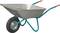 Schubkarre mit einem Rad und zwei Griffen, silberne Ladefläche, ideal für Transport von Gartenmaterialien oder Bauzubehör.