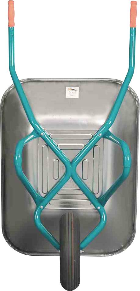 Schubkarre mit grünem Metallrahmen und einem Rad vorne. Oberansicht zeigt die Schaufel aus Metall für den Transport von Materialien.