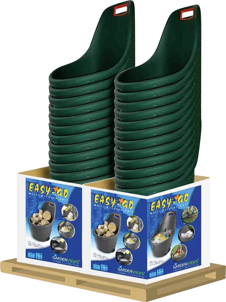 Stapel von grünen Gartenabfallsäcken in einem Karton auf einer Palette. Verpackung zeigt Abbildung und Text 'Easy Go'. Ideal für Gartenarbeiten.