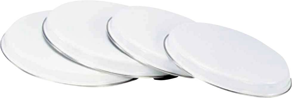Fünf weiße, runde Deckel, leicht überlappend nebeneinander angeordnet, vor einem neutralen Hintergrund.