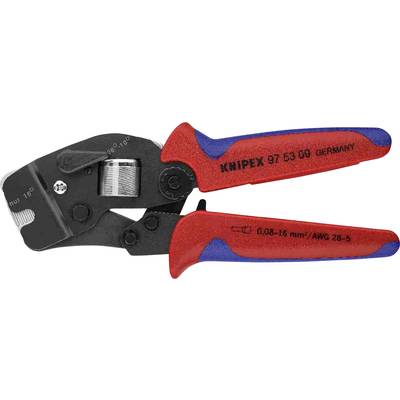 Handcrimpzange von Knipex, Modellnummer 97 53 09, in Rot und Blau, geeignet für Adernendhülsen von 0,08 bis 16 mm².