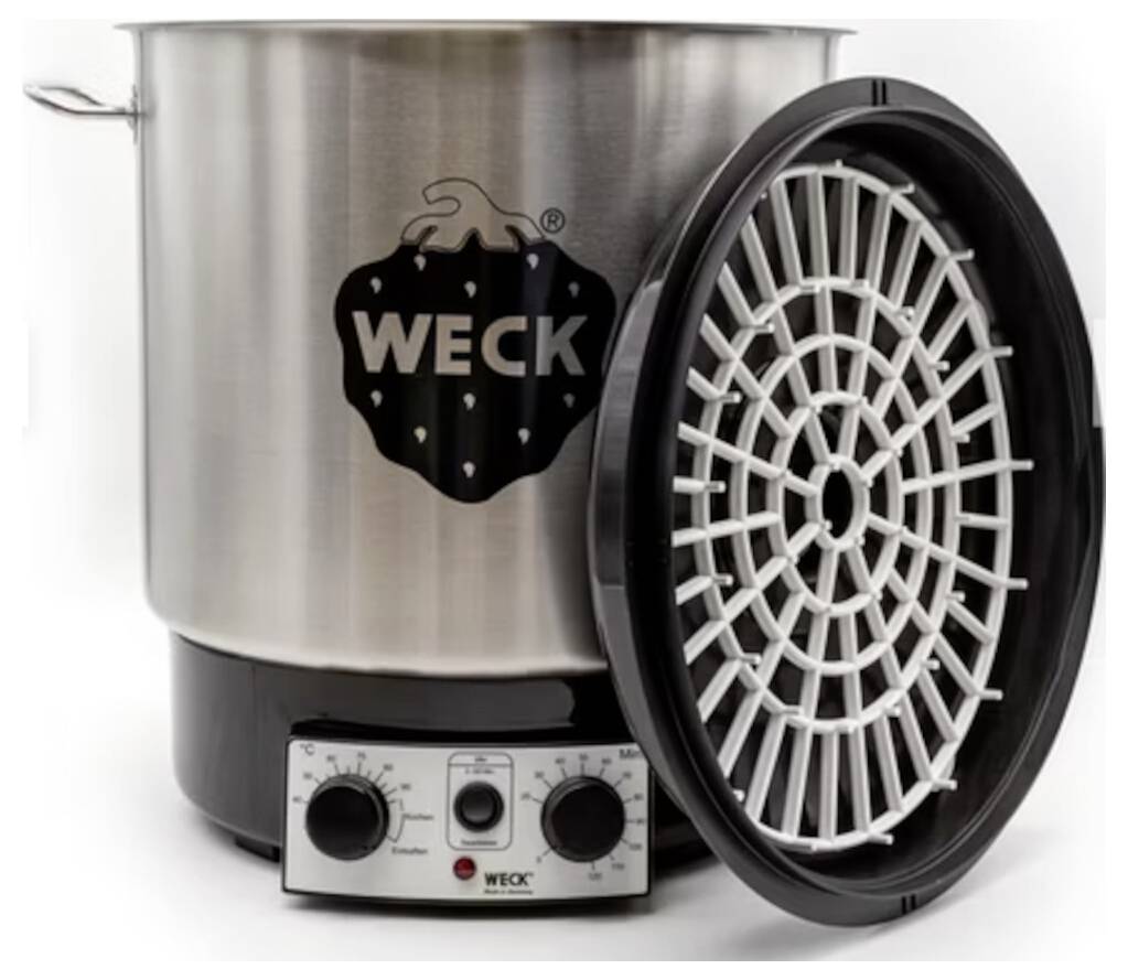 Ein elektrischer Edelstahl-Einkocher mit einem schwarzen Deckel und Bedienfeld mit zwei Drehknöpfen und einem Temperaturanzeiger, beschriftet mit 'WECK'.
