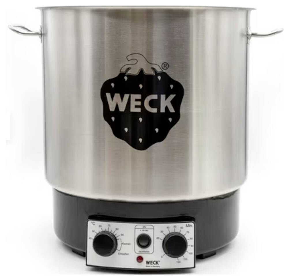 Großer silberner Weck Elektropotf mit schwarzen Griffen und einem Logo mit einer Erdbeere als Silhouette. Zwei Drehregler steuern Temperatur und Timer.