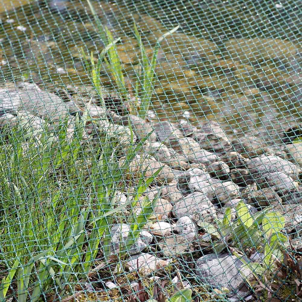 Grünes Netz über einem steinigen Teichrand, um Pflanzen und Tiere vor Gefahren zu schützen.