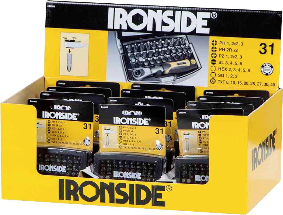 Ein offener Karton mit mehreren Sets von 'IRONSIDE' Schraubendrehereinsätzen, auf der Verpackung sind Größen und Typen abgebildet.