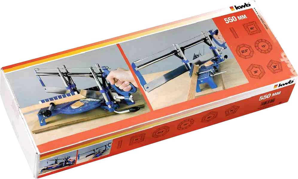 Verpackung einer Gehrungssäge mit 550 mm Klingenbreite. Zeigt die Säge bei der Arbeit; enthält Produktabbildungen und Logos.