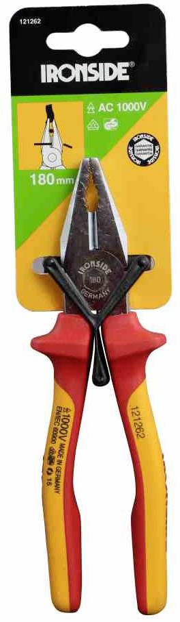 Kombizange der Marke Ironside, 180 mm, isoliert bis 1000V, gelb-rote Griffe. Verpackung zeigt Produktdetails.