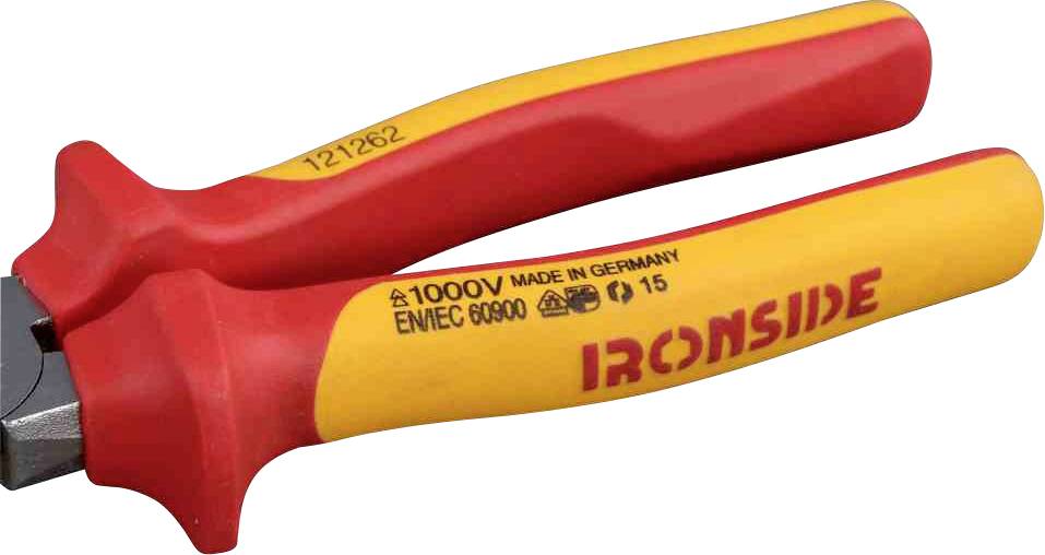 Zange mit roten und gelben Griffen, Text 'IRONSIDE' und '1000V', aufgedruckte Normzeichen, geeignet für Arbeiten unter Spannung.