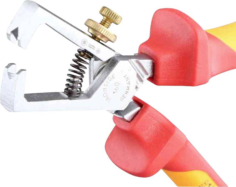 Zange mit gefedertem Mechanismus und verstellbarer Schraube; rote Griffe. Werkzeug zum Abisolieren von Kabeln.
