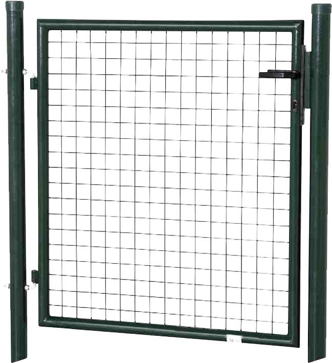 Ein grünes Metallzauntor mit quadratischem Gittermuster. Es hat einen Schließmechanismus auf der rechten Seite.