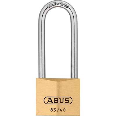 Ein ABUS-Vorhängeschloss mit goldenem Körper und silbernem Bügel, Modellnummer 85/40, geeignet für die Sicherung von Eigentum.
