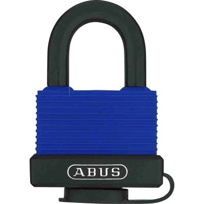 Ein blaues Vorhängeschloss mit einem schwarzen Bügel und dem Schriftzug 'ABUS' auf der Vorderseite.