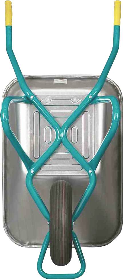 Eine metallene Schubkarre liegt mit der Ladefläche nach unten auf dem Boden, die Griffe sind blau und mit gelben Enden.