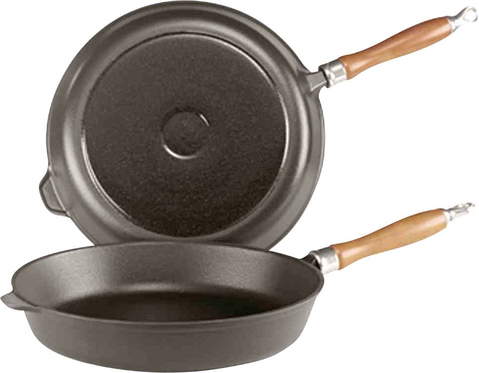 Zwei gusseiserne Pfannen mit Holzgriffen, eine liegt flach, die andere ist hochgestellt. Geeignet zum Braten und Schmoren.