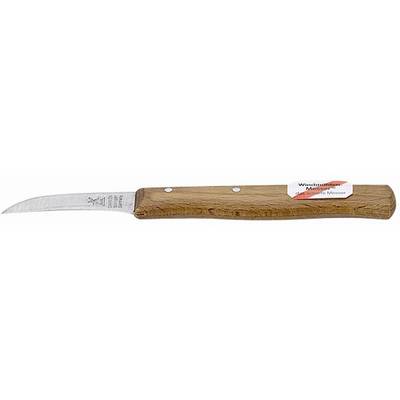 Ein Taschenmesser mit Holzgriff und gebogener Klinge. Auf dem Messer ist ein Aufkleber mit der Aufschrift 'Windmühlenmesser, Solingen'.
