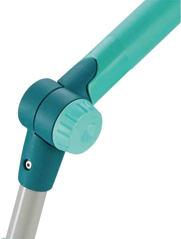 Nahaufnahme eines türkisfarbenen Gelenks oder Hebels mit einem drehbaren Griff an einem metallischen Stab, möglicherweise Teil eines Werkzeugs.