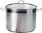 Ein großer Edelstahltopf mit Deckel und zwei Griffen, ideal zum Kochen großer Mengen.