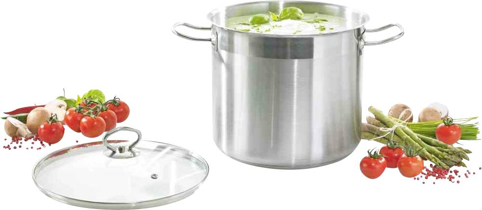 Ein großer Topf mit Suppe, umgeben von frischen Zutaten wie Tomaten, Paprika und Spargel. Der Deckel liegt daneben.