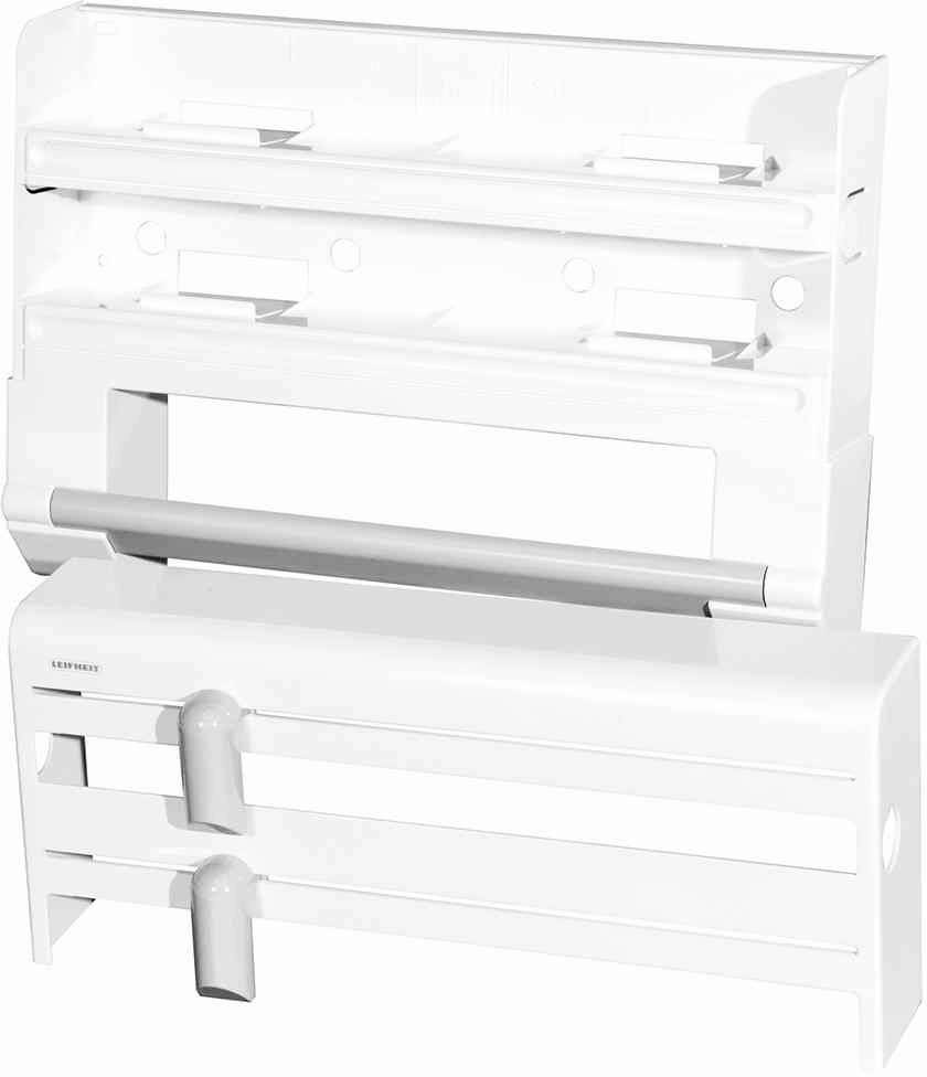 Ein weißer Küchenrollenhalter zur Aufbewahrung von Folienrollen und Küchenpapier, mit zwei Schneidvorrichtungen für präzises Abreißen.