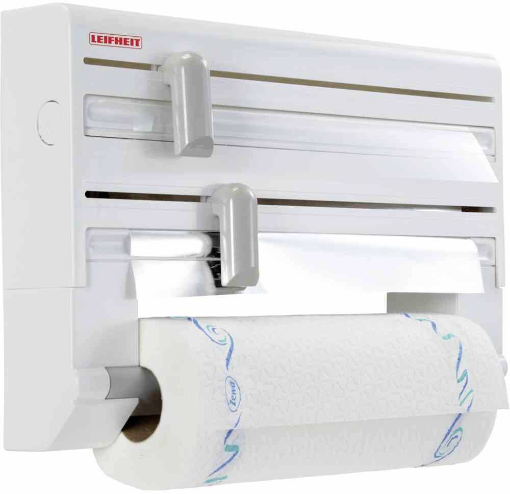 Papierrollenhalter mit Schneidvorrichtungen für Folien und Küchenpapier, Wandmontage, zwei Halterungen oben, Platz für Küchenrolle unten.