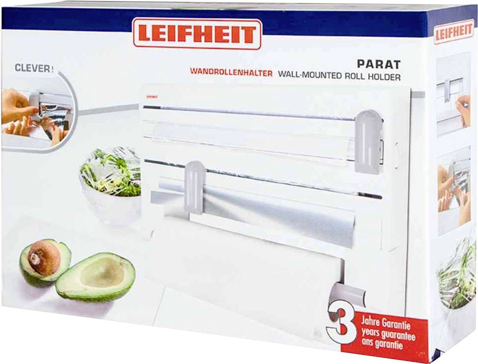 'Leifheit Wandrollenhalter Parat' Verpackung zeigt einen Wandrollenhalter mit drei Rollenplätzen, einsetzbar in der Küche.