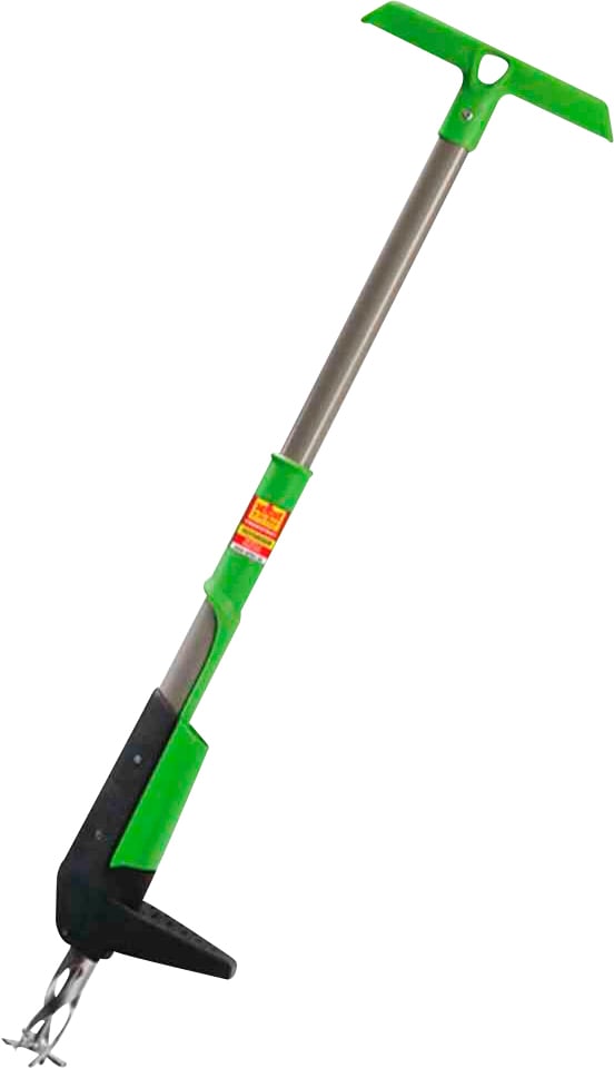 Ein grüner Unkrautstecher mit T-Griff und Metallkralle, zum Entfernen von Unkraut aus dem Boden.