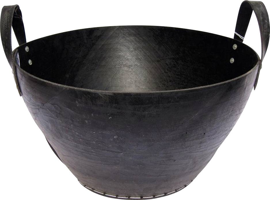 Ein großer, schwarzer Eiseneimer mit zwei Griffen, typisch für landwirtschaftliche Zwecke oder Gartenarbeit.