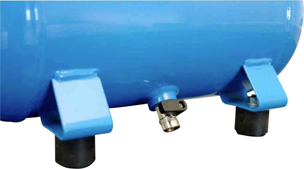Blauer Wassertank mit Befestigungsfüßen und einem Anschlussventil unten.