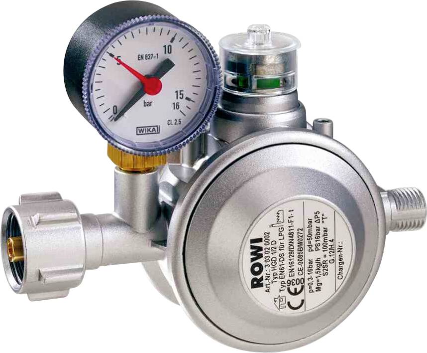 'Druckregler mit Manometer, das den Druck in Bar anzeigt. Hauptkomponente ist das silberne Ventil mit gekennzeichneten Skalen.'