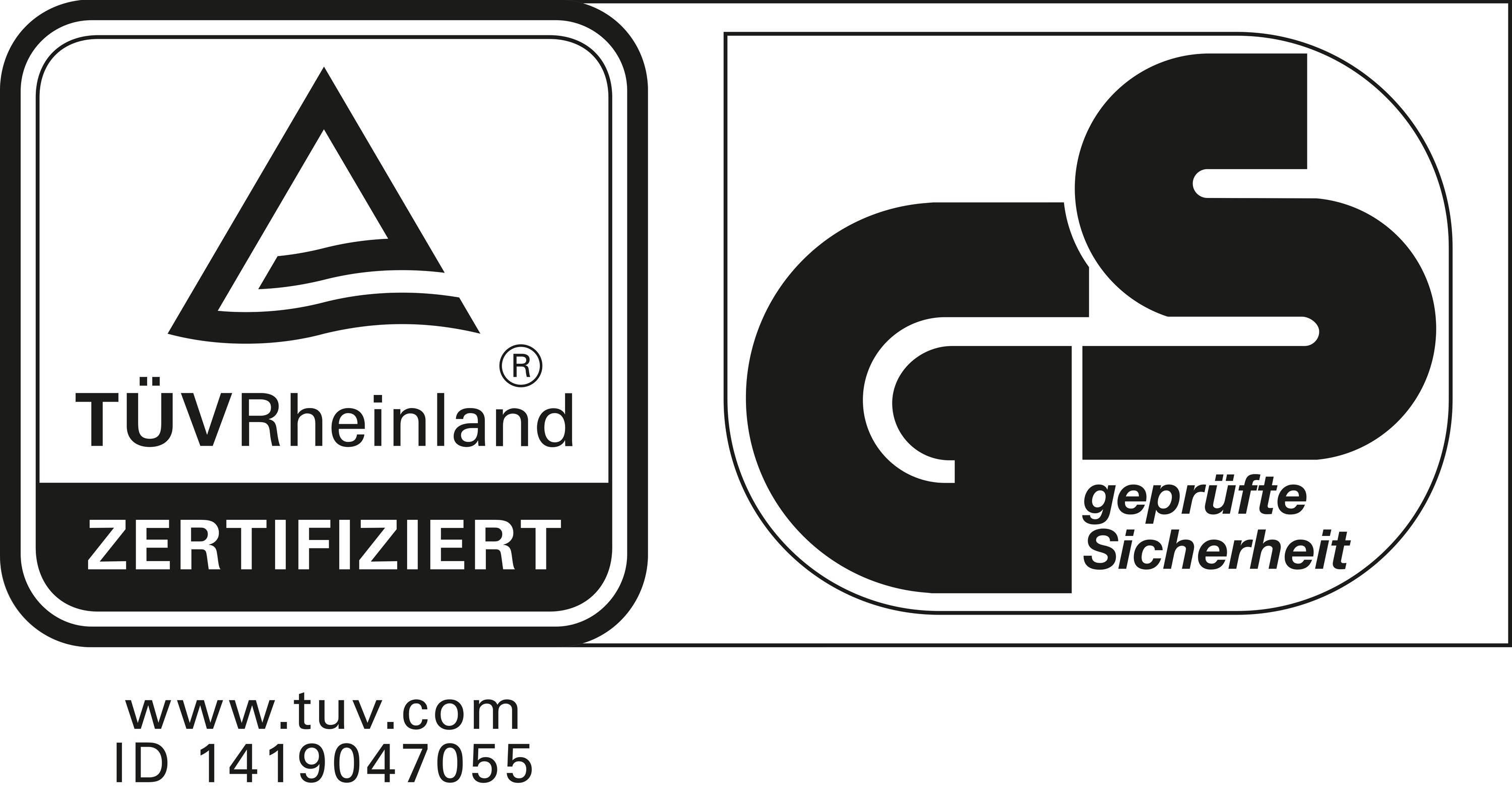 Logo mit der Aufschrift 'TÜV Rheinland ZERTIFIZIERT' und 'GS geprüfte Sicherheit'. Hinweis auf www.tuv.com und ID 1419047055.