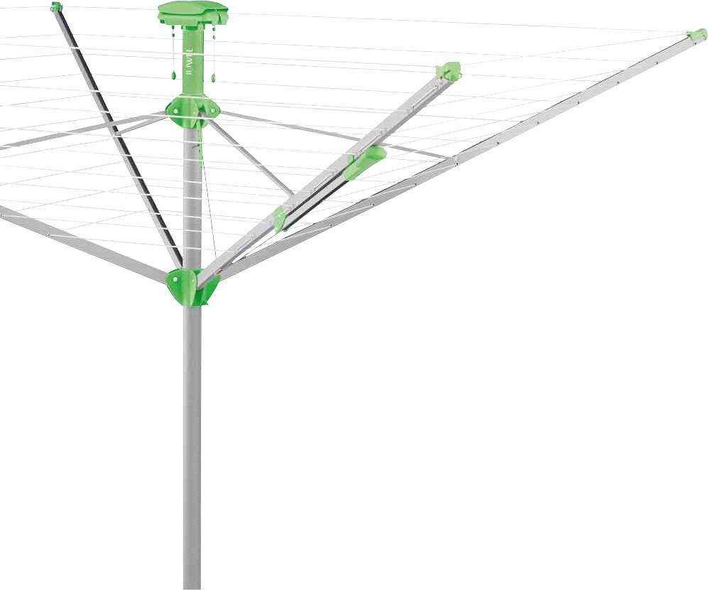 Ein Wäschespinne mit grünem Gelenken und mehrfachen Leinen zur Aufhängung von Kleidung im Freien.