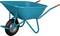 Eine blaue Schubkarre mit einem Rad, zwei Griffen und einer Kunststoffschale.