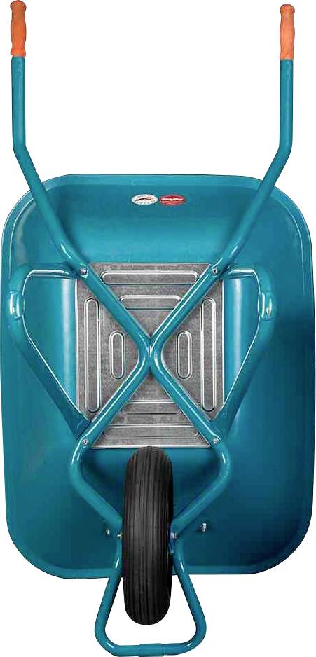 Eine Schubkarre von oben, zeigt das Rad und die Griffe. Die Struktur ist blau mit orangefarbenen Griffen.