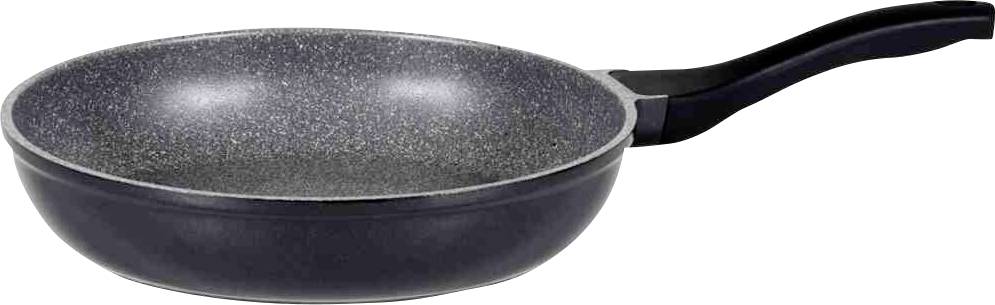 Schwarze Bratpfanne mit Antihaftbeschichtung und ergonomischem Griff, seitlich fotografiert. Ideal zum Braten von Speisen.