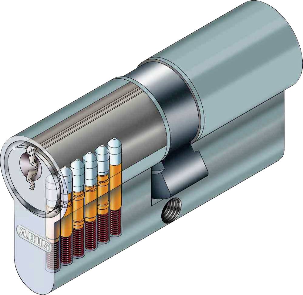 Ein Querschnitt eines Schließzylinders zeigt sechs Pins, die für die Sicherheitsmechanik verantwortlich sind.