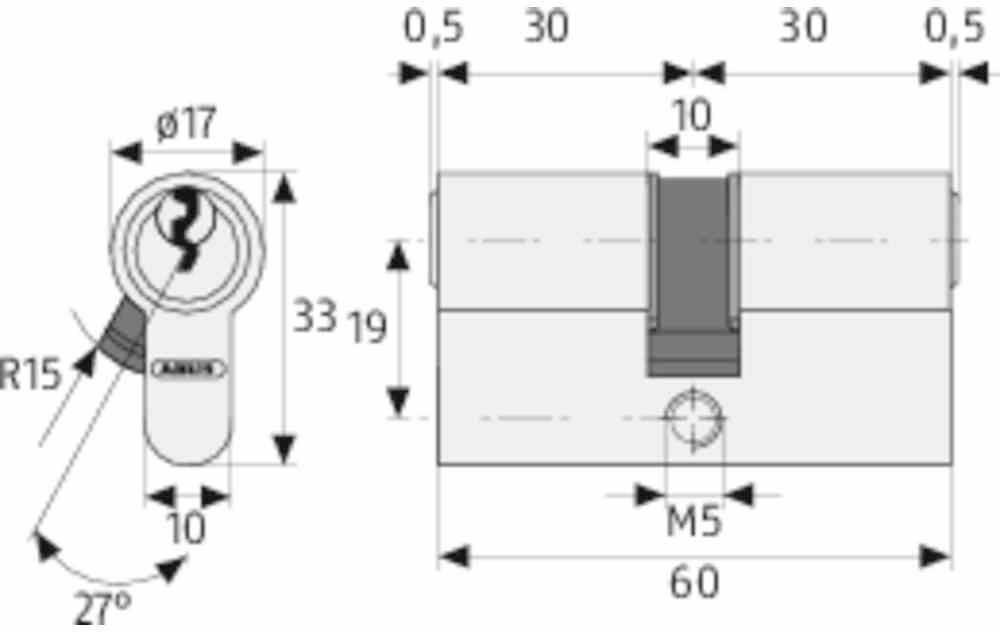 Technische Zeichnung eines Schließzylinders mit Maßen: 60 mm Länge, 30 mm pro Seite, Schlüsselweg 27°, Einstecktiefe 19 mm.