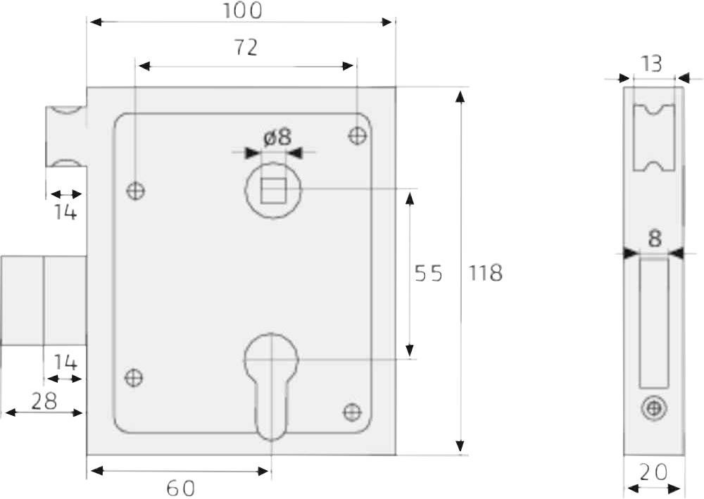 Technische Zeichnung eines Schlosses mit Maßen in Millimetern. Breite: 100, Höhe: 118. Schlüsselöffnung und Befestigungspunkte markiert.