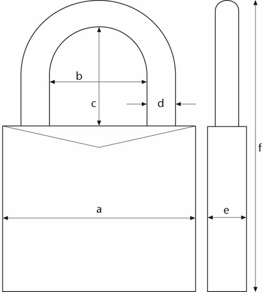 Diagramm eines Vorhängeschlosses mit seitlicher Ansicht, beschriftet mit Maßen: Breite (a, e), Höhe (f), Bügelbreite (c), Abstand (d), Bügelhöhe (b).