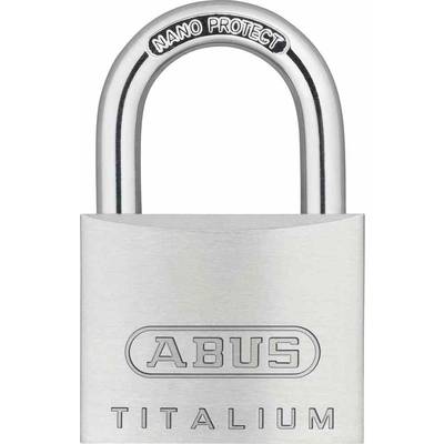 Vorhängeschloss aus glänzendem Metall mit der Aufschrift 'ABUS TITALIUM'. Oberhalb ist 'NANO PROTECT' zu lesen.