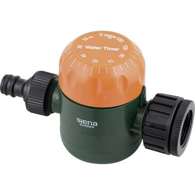 Ein grüner und orangefarbener Bewässerungstimer mit Skala von 0 bis 120 Minuten, Anschluss für Gartenschläuche.