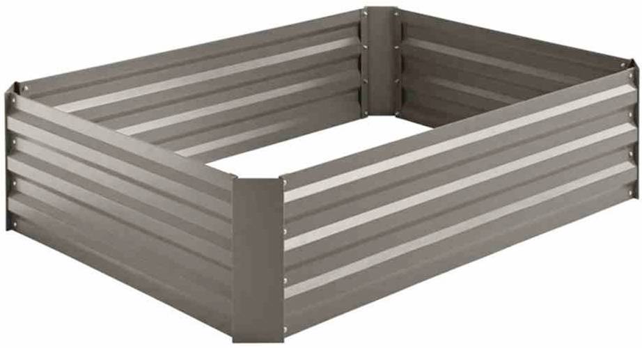 Rechteckiges, erhöhtes Gartenbeet aus Metall mit grauen Paneelen. Geeignet für den Anbau von Pflanzen im Freien.