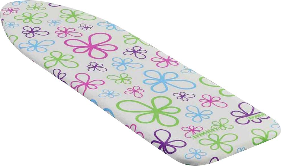 Buntes Bügelbrettbezug mit Blumenmuster in Pink, Blau, Grün und Lila.